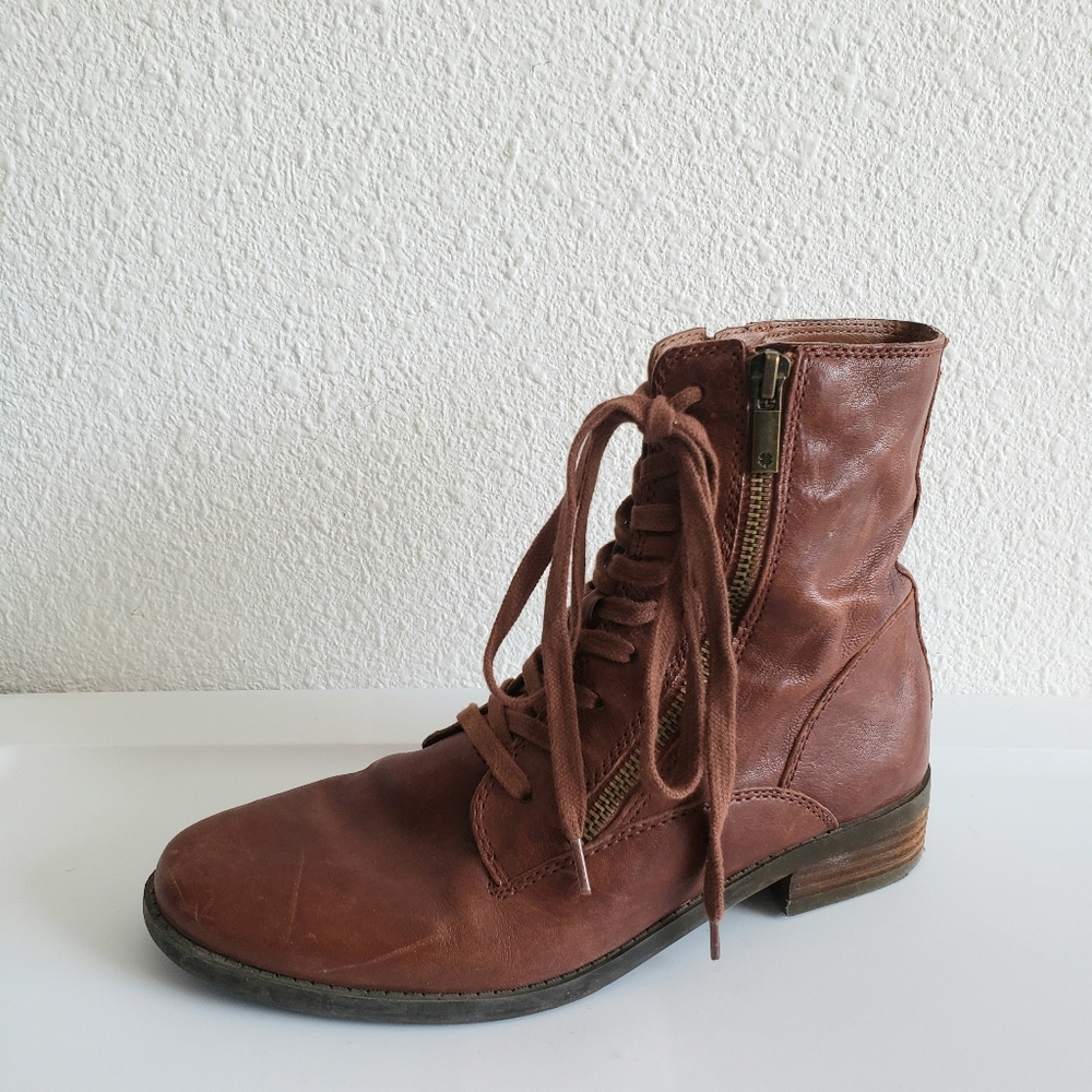 Lucky Brand Women Bikers Brick Brown Leather 2 Zippers Ankle Boots